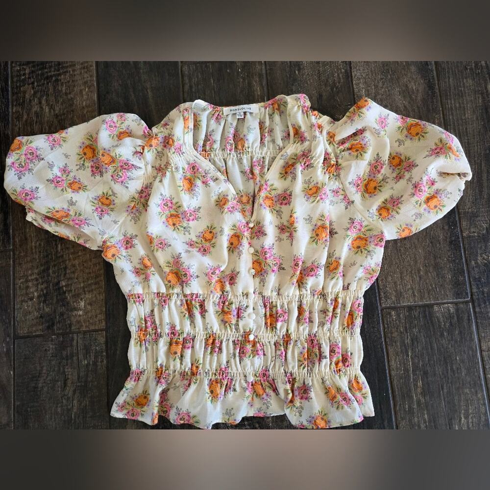 #495 Rose & Olive Floral Blouse with Puff Sleeves - Cream and Pink
